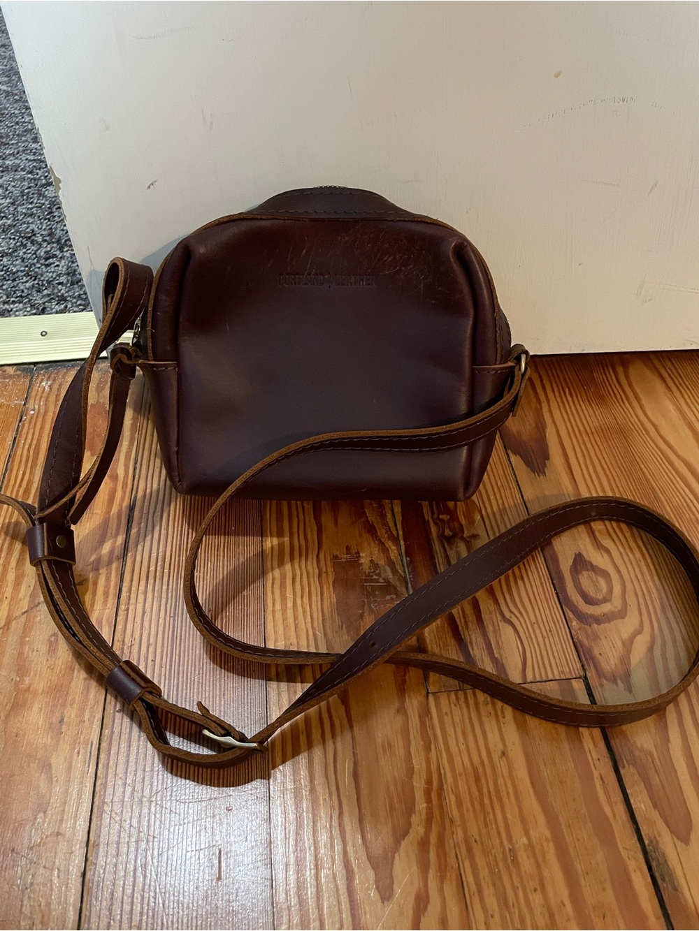 Portland Leather Co. Classic Brown Leather Crossbody Bag with adjustable strap.